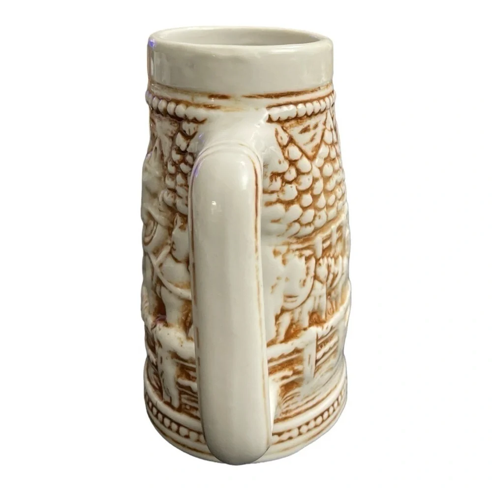 CERAMIC BROWN AND WHITE STEIN #1315 EMBOSSED WINTER SCENE WITH CLYDESDALE HORSES